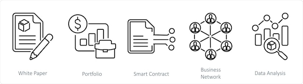Ein Satz von 5 Blockchain-Ikonen als White Paper-Portfolio-Smart-Vertrag