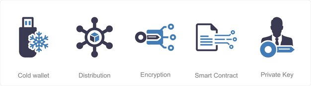 Ein Satz von 5 Blockchain-Symbolen als Cold-Wallet-Verteilungsverschlüsselung