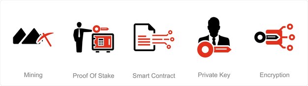 Ein Satz von 5 Blockchain-Symbolen als Mining-Proof-of-Stake-Smart-Contract