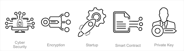 Ein Satz von 5 Blockchain-Symbolen als Startup für Cybersicherheitsverschlüsselung