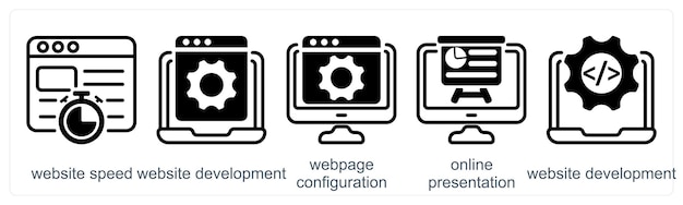 Ein Satz von 5 Geschäfts-Icons als Website-Geschwindigkeit Website-Entwicklung Webseite-Konfiguration