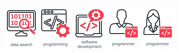 Ein Satz von 5 Geschäfts-Ikonen als Daten-Such-Programmierungs-Software-Entwicklung