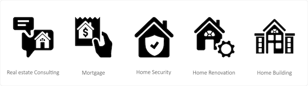 Ein satz von 5 geschäfts-ikonen wie immobilienberatung hypothek