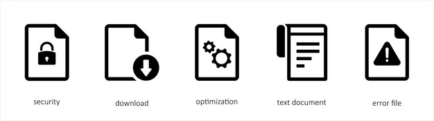 Ein Satz von 5 grafischen Ikonen, wie z. B. Security-Download-Optimierung
