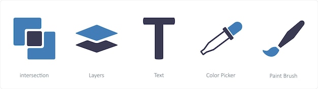 Vektor ein satz von 5 grafischen werkzeug-symbolen wie schnittstellen, schichten und text