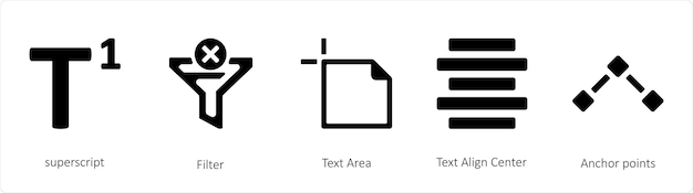 Ein satz von 5 grafischen werkzeug-symbolen wie superscript-filter textbereich