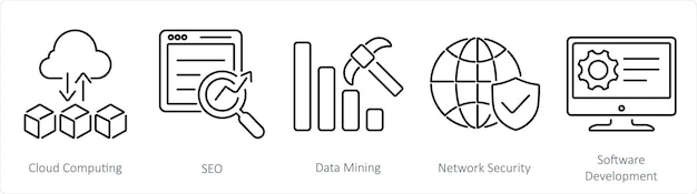 Ein Satz von 5 Hard Skills-Symbolen als Cloud Computing SEO Data Mining
