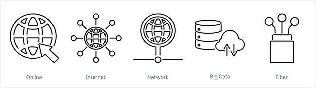 Ein Satz von 5 Internet-Computer-Ikonen als Online-Internet-Netzwerk für große Daten