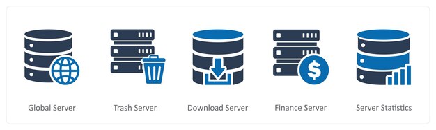 Ein Satz von 5 Internet-Symbolen als globaler Server-Trash-Server-Download-Server