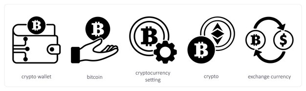 Ein Satz von 5 Kryptowährungs-Symbolen als Krypto-Wallet-Bitcoin-Kryptowährungseinstellung
