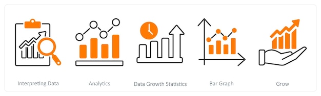 Ein Satz von 5 Mix-Symbolen zur Interpretation von Datenanalysen und Datenwachstumsstatistiken