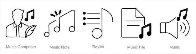 Vektor ein satz von 5 musik-ikonen als musik-komponist musik-noten-wiedergabeliste