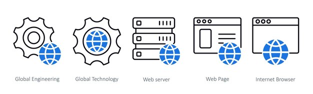 Ein Satz von 5 Seo-Ikonen als globaler Ingenieur-Global-Technologie-Webserver