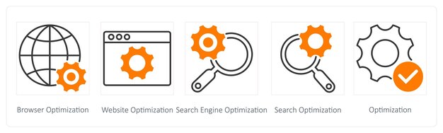 Ein Satz von 5 Seo-Symbolen als Browseroptimierung Webiste-Optimierung Suchmaschinen-Optimierung