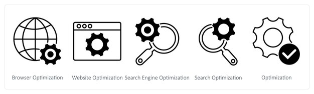 Ein Satz von 5 Seo-Symbolen als Browseroptimierung Webiste-Optimierung Suchmaschinen-Optimierung