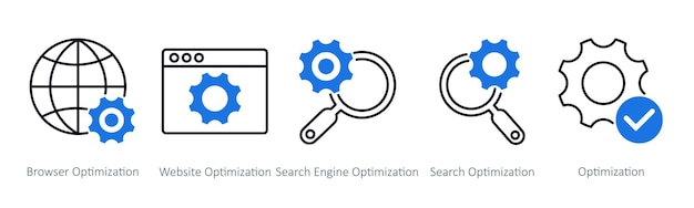Ein Satz von 5 Seo-Symbolen als Browseroptimierung Webiste-Optimierung Suchmaschinen-Optimierung