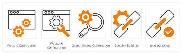 Ein Satz von 5 Seo-Symbolen als Website-Optimierung Website-Konfiguration Suchmaschinenoptimierung