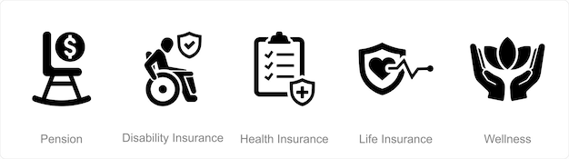 Vektor ein satz von 5 symbolen für leistungen an arbeitnehmer als renten-, invaliditäts- und krankenversicherung