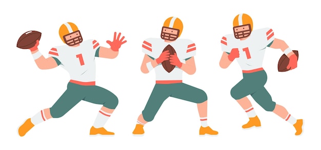 Ein Satz von American Football-Sport-Leichtathleten mit Aktionsposen, Pass- und Laufkonzeptillustration