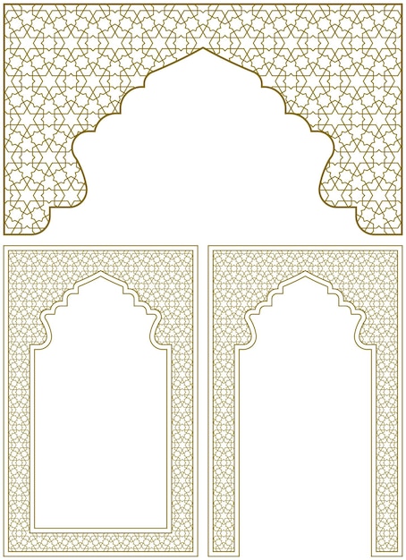 Ein satz von drei gestaltungselementen. zwei rahmen und ein bogen. ornament im arabischen geometrischen stil