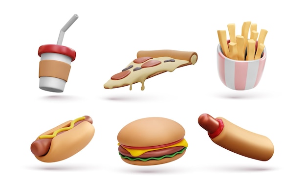 Ein Satz von Fast-Food-Elementen, die auf weißem Hintergrund isoliert sind Pizza-Burger, Pommes Frites, heißer Gott-Soda im realistischen Stil Vektor-Illustrator
