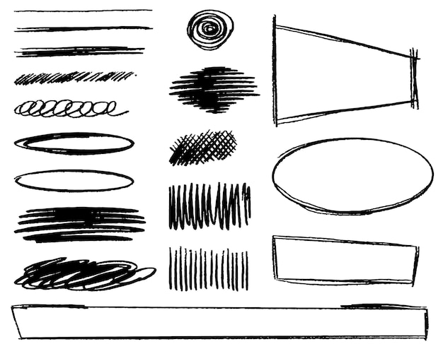Ein Satz von handgezeichneten Scribble-Zeichen, die auf weißen Doodle-Stil skizzierten Rahmenstrichen isoliert sind