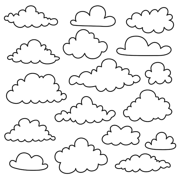 Ein Satz von handgezeichneten Wolken-Ikonen in schwarzer Umrisse Einfache minimalistische Elemente für Design-Aufkleber und Muster