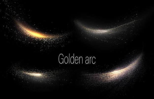 Ein Satz von isolierten goldenen Wellenbögen mit kleinen Schmuckstücken auf schwarzem Hintergrund