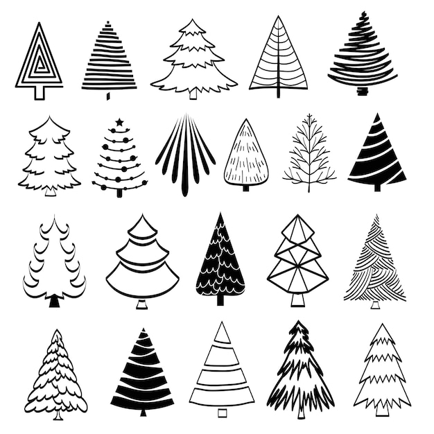 Ein Satz von isolierten handgezeichneten Weihnachtsbaum-Ikonen in flachen, einfachen Stilen auf Weiß für das Design