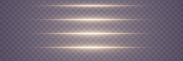 Ein Satz von Lichteffekten auf einem transparenten Hintergrund mit goldenen horizontalen leuchtenden Neonlinien