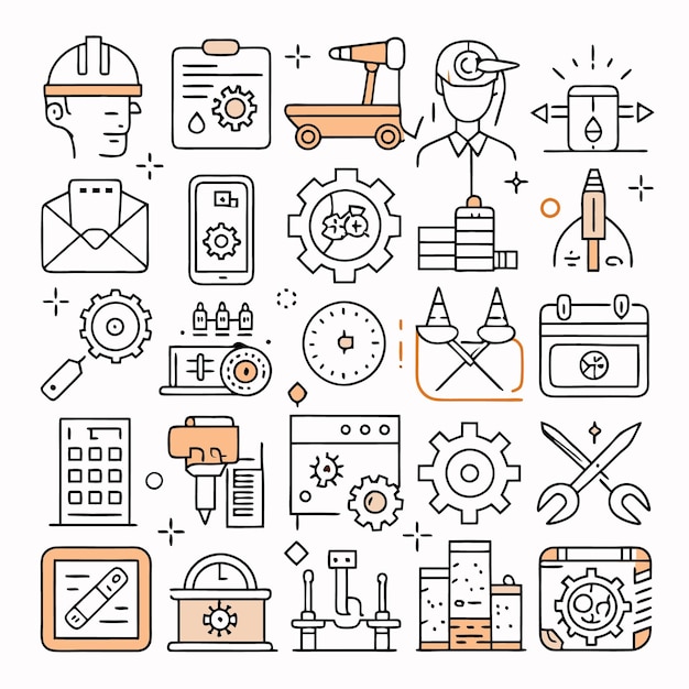 Ein Satz von Line Art-Ikonen für Ingenieurwesen, Bauwesen und Industriedesign