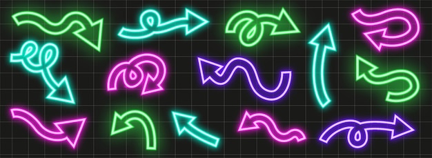 Ein Satz von neonfarbenen Vektorpfeilen in Säuregrün, Fuchsia, Lila und Türkis