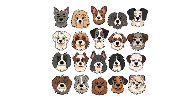 Ein Satz von niedlichen Hunden verschiedener Rassen im Doodle-Stil, Platz für Text, Kopie, Raum, Banner