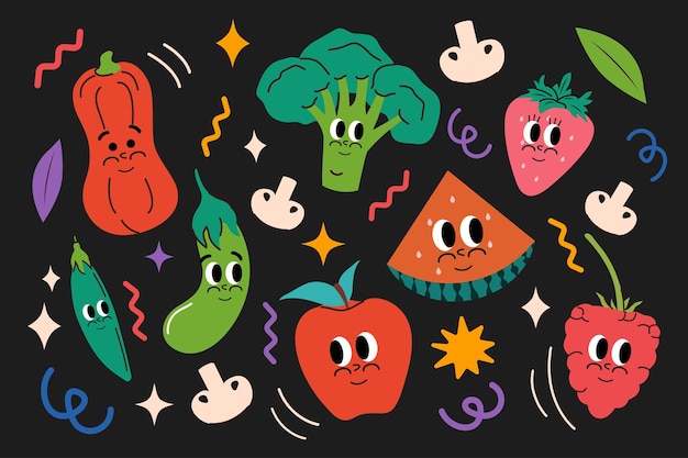 Ein satz von obst und gemüse im trendigen groovy-stil vektorillustration isolierte handgezeichnet