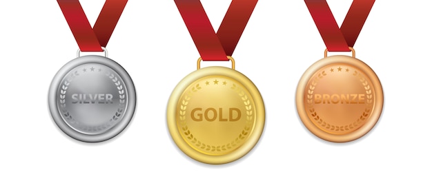 Ein satz von realistischen 3d champion gold silber- und bronzemedaille mit roter bandillustration