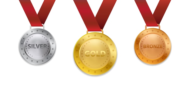 Ein Satz von realistischen 3d Champion Gold Silber- und Bronzemedaille mit roter Bandillustration