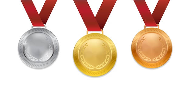 Ein satz von realistischen 3d champion gold silber- und bronzemedaille mit roter bandillustration