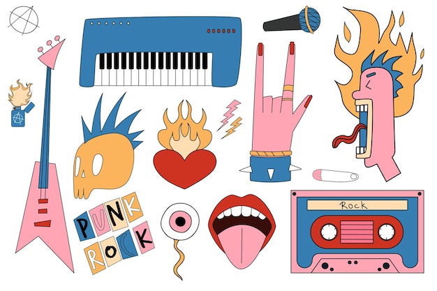 Ein satz von rock- und metallgegenständen sänger und musikinstrumente punk-rock-illustration