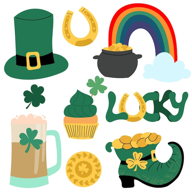Ein Satz von Symbolen und Elementen für den St. Patrick's Day Glückliches Zitat Topf mit den goldenen Münzen