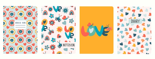 Ein Satz von Titelblattvorlagen, die auf Mustern mit handgezeichneten Blumen im Retro-Design der 60er und 70er Jahre basieren Hintergründe für Notebooks, Notizbücher, Tagebücher, Isolierte und austauschbare Überschriften
