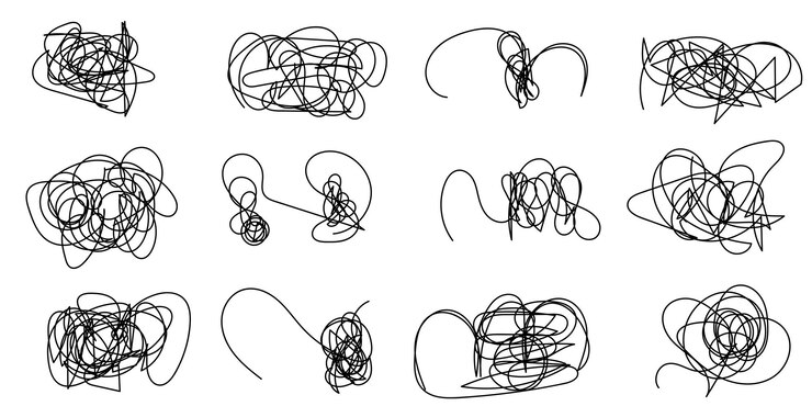 Vektor ein satz von verwirrten runden scribble-linien im handgezeichneten doodle-stiel des stifts unordnung, chaos, abstraktes verwirrung