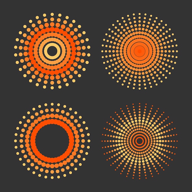 Ein Satz von vier radialen Halbtonverläufen Isolierte orangefarbene Vektorpunkte Vektorillustration