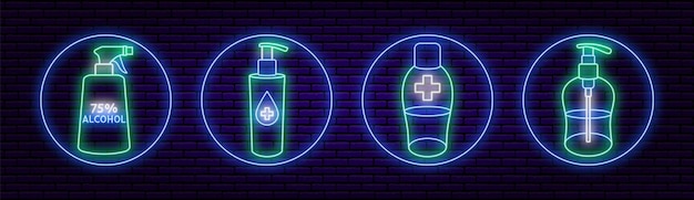 Ein satz von vier runden neonsymbolen, antiseptika oder antibakteriellen mitteln. gegen eine backsteinmauer. körperpflege, händewaschen und reinigen. für einen pharmazeutischen online-shop. grüne blaue und weiße farbe.