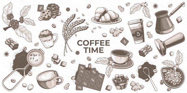 ein Satz von vintage handgezeichneten Kaffee-Droodles