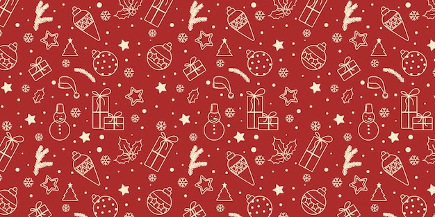 Ein Satz von Weihnachtsdesign-Elementen im Doodle-Stil auf rotem Hintergrund Feierlicher Hintergrund von Hand gezeichnet