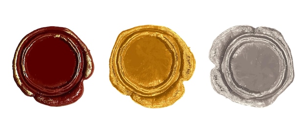 Ein satz wachssiegelstempel in gold, rot, silber, farbe: hochzeitseinladung, honigmond, brautparty, bache