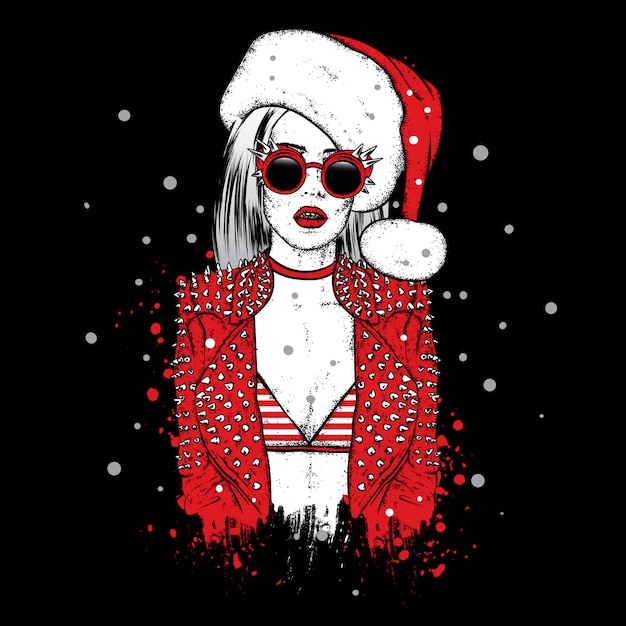 Ein schönes mädchen in einer jacke mit dornen, brille und weihnachtsmannmütze. illustration. neujahr und weihnachten. modestil.