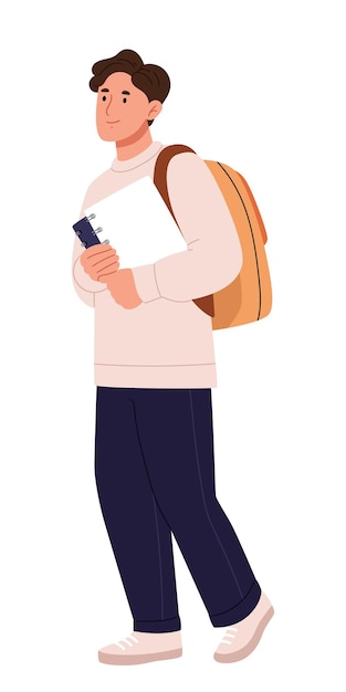 Ein Schüler oder Schuljunge mit einem gelben Rucksack hält Notizbücher in den Händen