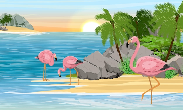 Ein Schwarm rosafarbener Flamingos im Wasser nahe der Küste einer tropischen Insel mit Steinen und Palmen