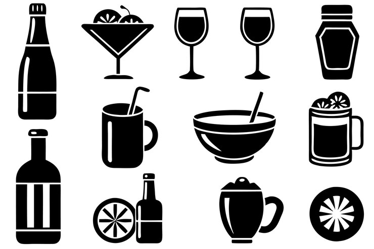 Vektor ein schwarz-weiß-foto eines cocktails und eines glases mit einem zitronenkeil darauf